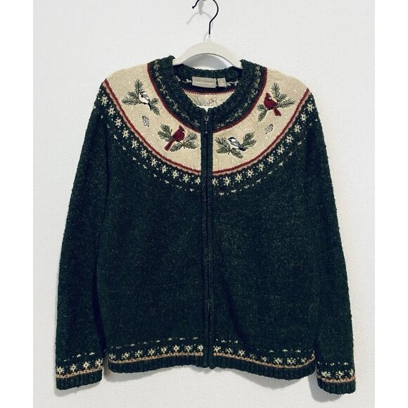 Croft And Barrow Cardigan Sweater Womens XL Green Embroidered Birds Silk Wool - Picture 1 of 8
